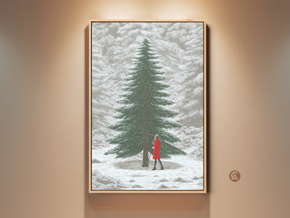 Winter forest canvas print featuring a woman in a red dress. This snowy landscape wall art brings Scandinavian home decor to life. A perfect gift for nature lovers seeking cozy elegance.