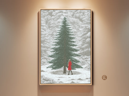 Winter forest canvas print featuring a woman in a red dress. This snowy landscape wall art brings Scandinavian home decor to life. A perfect gift for nature lovers seeking cozy elegance.