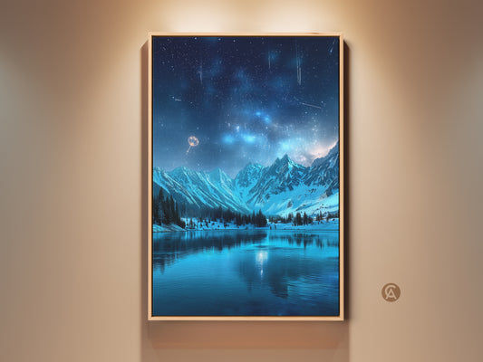 Fantasy Starry Sky Wall Art displayed in a room setting. The contemporary canvas print features snowy mountains reflected in a lake. Navy blue and sky blue tones enhance this celestial home decor. A perfect sci-fi landscape artwork for bedroom art.
