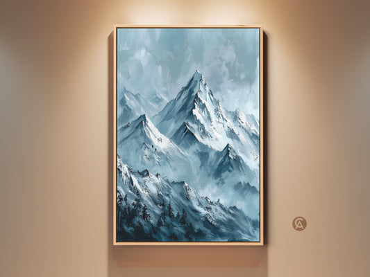 Framed mountain range artwork. The painting captures snow-capped peaks and a misty valley. A serene landscape for nature lovers. This framed art is ready to hang adding sophistication to any room.