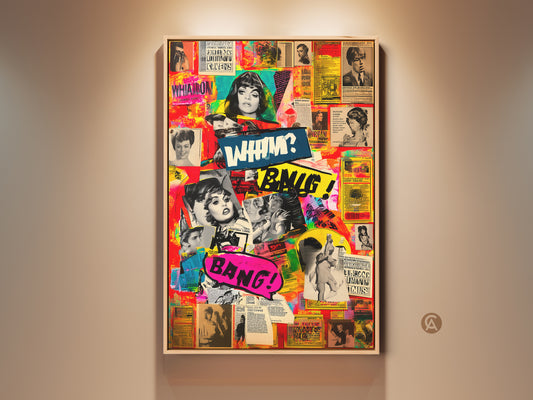 Eye-catching Wham Bang Collage Art. This Retro Pop Art Print features vintage magazine and comic elements. It is framed and adds a playful energy to eclectic wall decor. Perfect as colorful entryway artwork or a unique gift for retro style lovers.