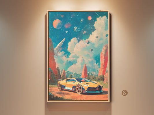 This artwork features a vibrant yellow sports car set against a surreal space backdrop. A rocket ship ascends amidst floating planets and red rock formations. It blends automotive themes with a futuristic aesthetic. A perfect eclectic art print for game rooms or futuristic office art.