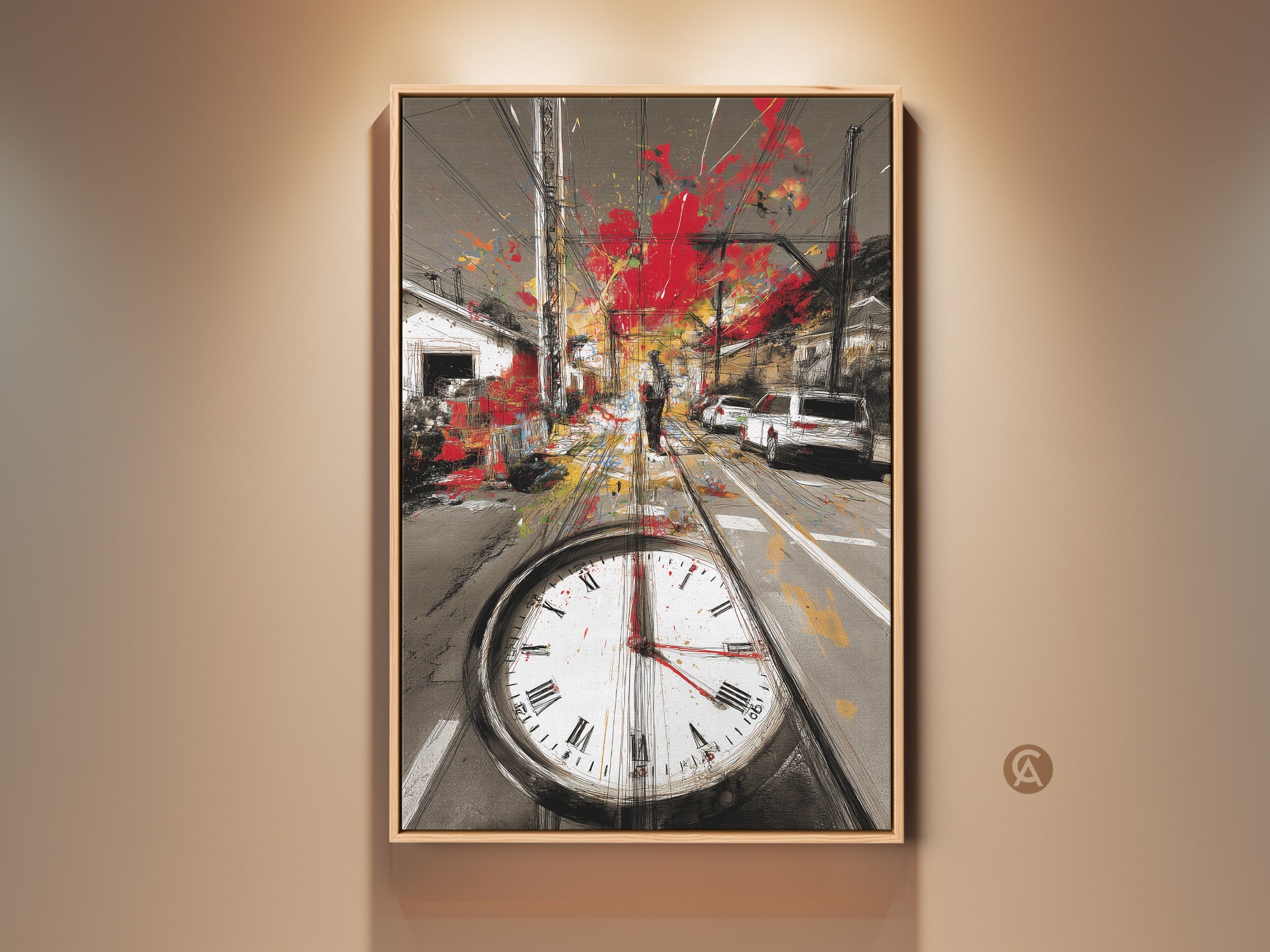 Contemporary cityscape wall art featuring an urban sketch style. This canvas print blends red gray and yellow tones. It shows tram tracks a clock face and evokes a sense of time. Ideal for modern home decor and art collectors.
