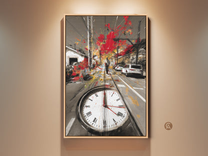 Contemporary cityscape wall art featuring an urban sketch style. This canvas print blends red gray and yellow tones. It shows tram tracks a clock face and evokes a sense of time. Ideal for modern home decor and art collectors.
