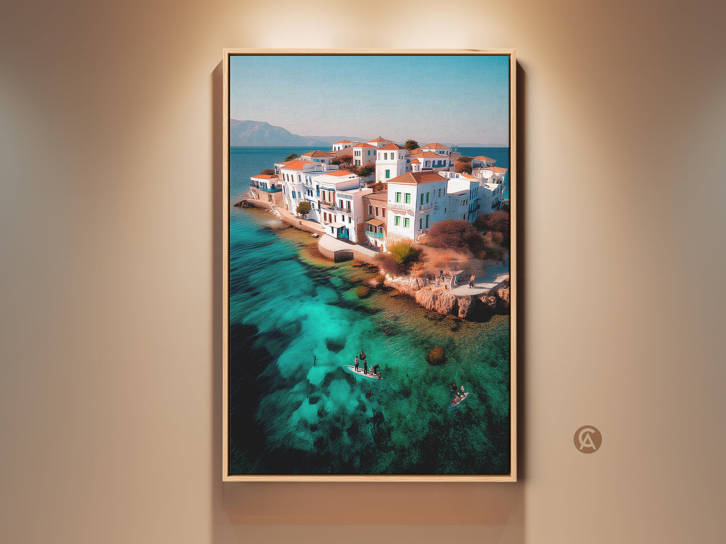 Coastal Island Village art displayed in a living room. A turquoise water aerial seascape print adds Mediterranean decor. The piece is perfect as a travel gift. Notice the paddleboarding scene canvas art. This blue and green ocean landscape brings coastal charm to any space.