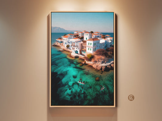 Coastal Island Village art displayed in a living room. A turquoise water aerial seascape print adds Mediterranean decor. The piece is perfect as a travel gift. Notice the paddleboarding scene canvas art. This blue and green ocean landscape brings coastal charm to any space.
