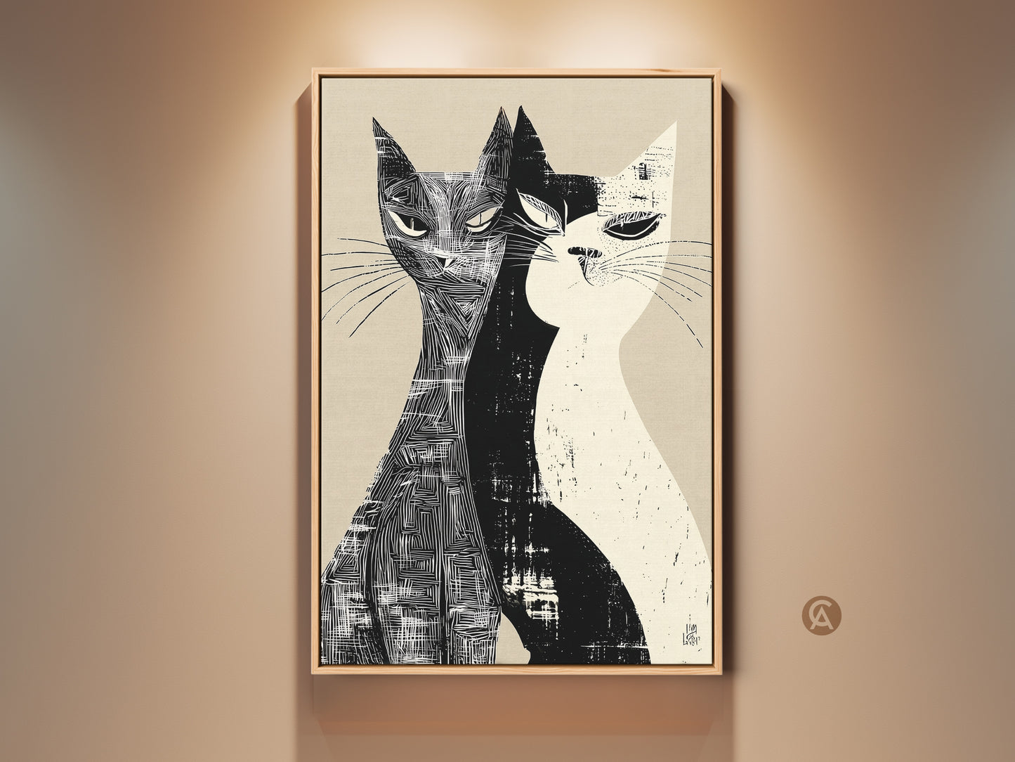 Mid-Century Modern cat art print displayed in a living room. The artwork features two cats in a black and white linocut style. This minimalist feline art adds a touch of sophistication to any room. It's perfect for cat lovers seeking a stylish home decor gift.