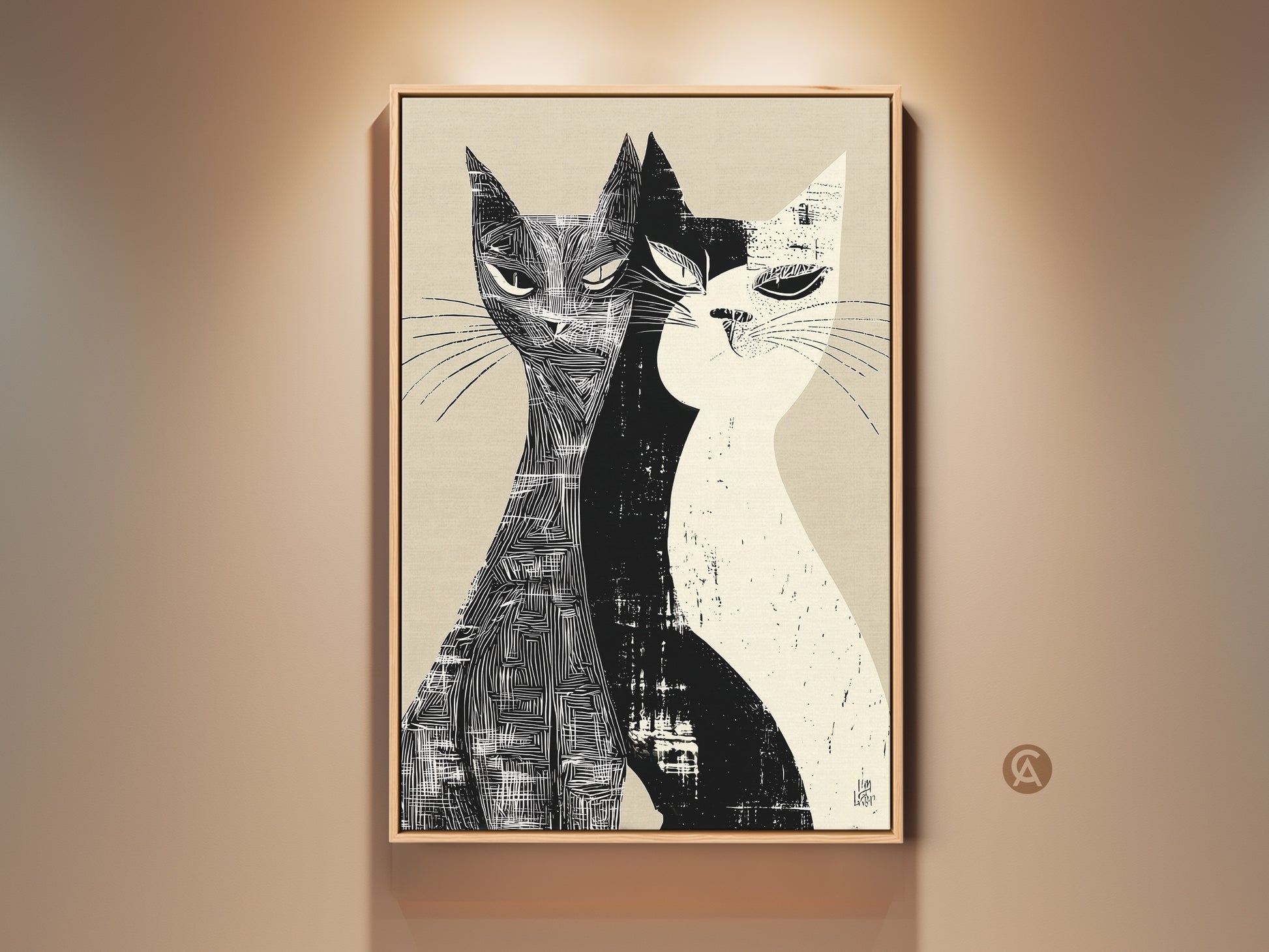 Mid-Century Modern cat art print displayed in a living room. The artwork features two cats in a black and white linocut style. This minimalist feline art adds a touch of sophistication to any room. It's perfect for cat lovers seeking a stylish home decor gift.