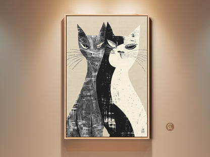 Mid-Century Modern cat art print displayed in a living room. The artwork features two cats in a black and white linocut style. This minimalist feline art adds a touch of sophistication to any room. It's perfect for cat lovers seeking a stylish home decor gift.
