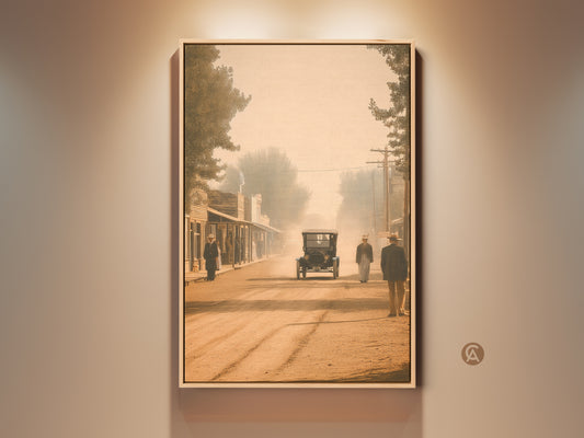 Sepia-toned canvas art featuring a vintage car on a dusty main street. The artwork captures an old western town scene. People stroll along wooden sidewalks. A sepia filter gives the art a nostalgic feel. The framed canvas adds a touch of elegance. This is perfect for western art collectors.