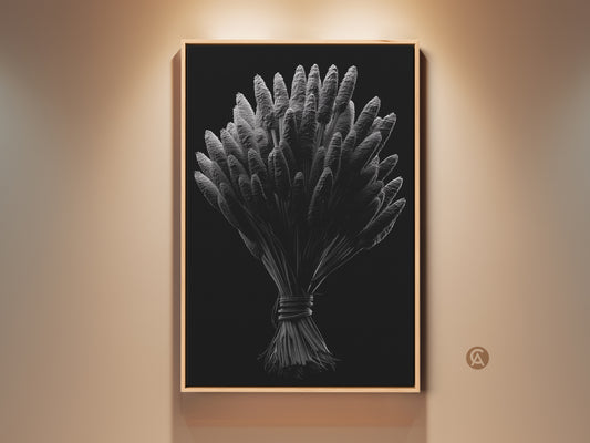 Framed artwork featuring a botanical illustration. This modern art is wheat-themed. The black background makes the wheat pop. The frame is natural wood. It is simple yet elegant wall art.