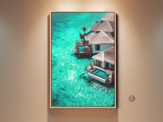 Tropical Paradise Canvas Print. This turquoise ocean bungalow wall art is ideal coastal beach house decor. This housewarming gift is a stunning maldives overwater bungalow art piece. This luxury villa ocean view is vacation vibes wall decor. Add serene ocean view print to your home today
