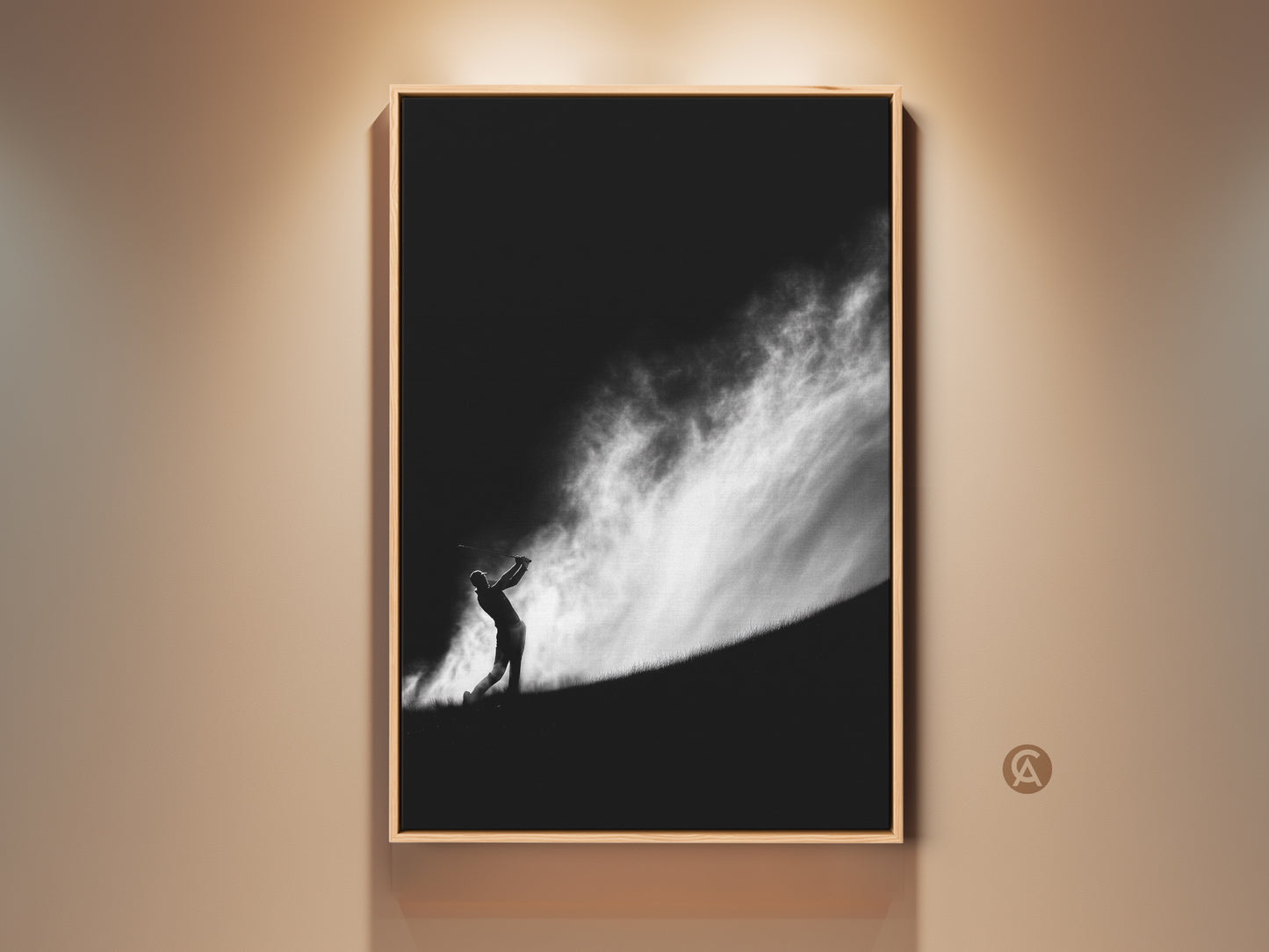 Dramatic black and white golf art print. This framed artwork captures a golfer silhouetted against a striking cloudy sky. The fine art print is perfect for golf enthusiasts. It adds a touch of sophistication to any space.