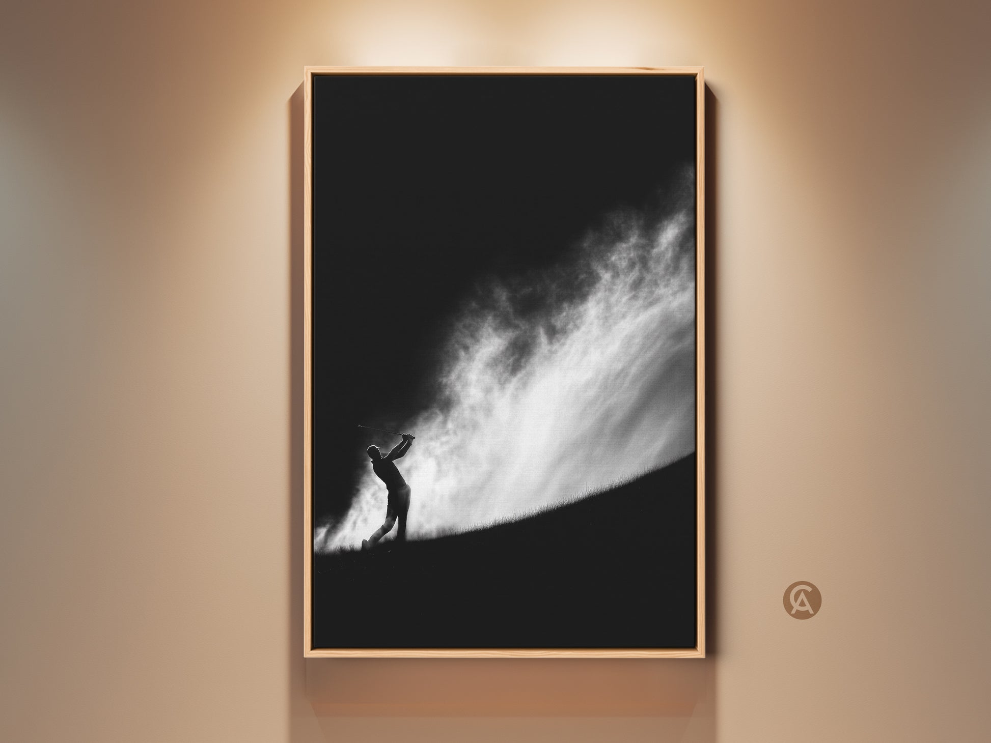 Dramatic black and white golf art print. This framed artwork captures a golfer silhouetted against a striking cloudy sky. The fine art print is perfect for golf enthusiasts. It adds a touch of sophistication to any space.