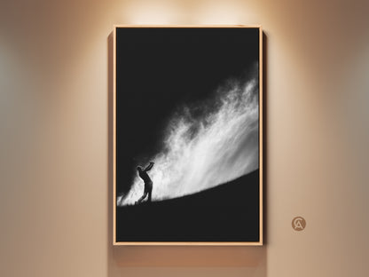 Dramatic black and white golf art print. This framed artwork captures a golfer silhouetted against a striking cloudy sky. The fine art print is perfect for golf enthusiasts. It adds a touch of sophistication to any space.