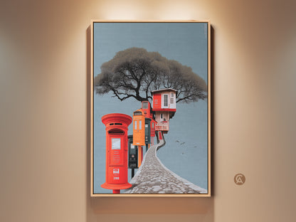 Framed surreal architecture art print. This artwork features a treehouse atop a winding cobblestone path and post boxes. Eclectic wall decor with gray blue and red orange accents. A unique piece for any space or a great housewarming gift for travel lovers.