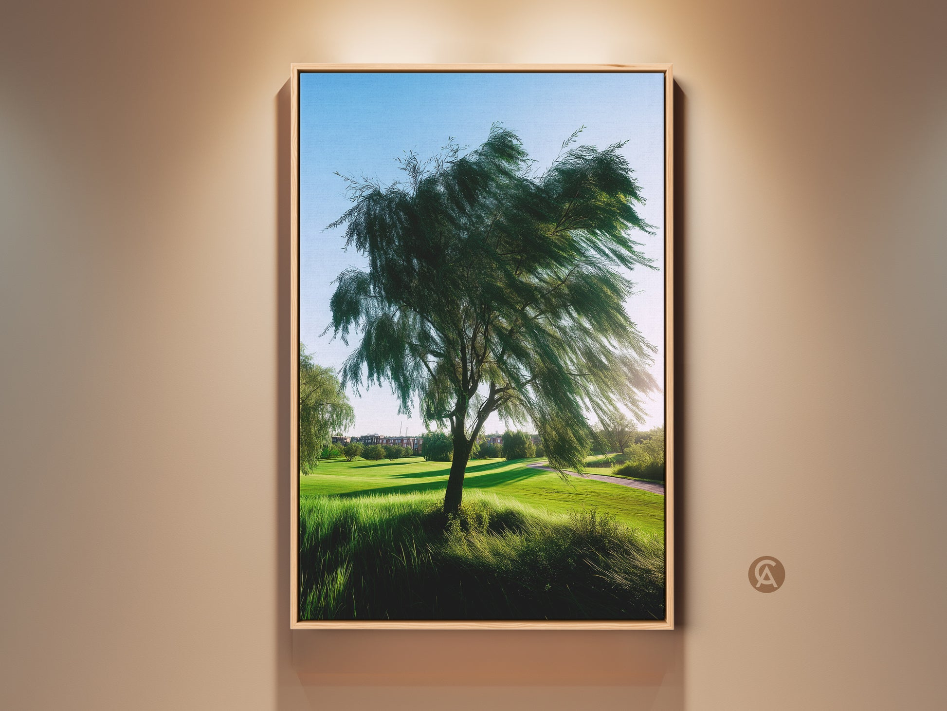 Framed green golf course landscape artwork. A realistic tree nature photography wall print is showcased. Ideal for contemporary bedroom or living room decor adding sophistication to residential spaces.