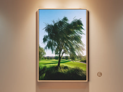 Framed green golf course landscape artwork. A realistic tree nature photography wall print is showcased. Ideal for contemporary bedroom or living room decor adding sophistication to residential spaces.