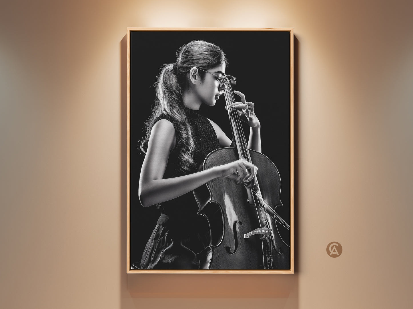 Framed monochrome photograph showcases a cellist. The musician plays in a dark studio. This contemporary black and white art print is framed. It is a perfect gift for music enthusiasts and classical art collectors.