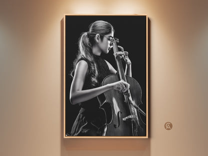 Framed monochrome photograph showcases a cellist. The musician plays in a dark studio. This contemporary black and white art print is framed. It is a perfect gift for music enthusiasts and classical art collectors.