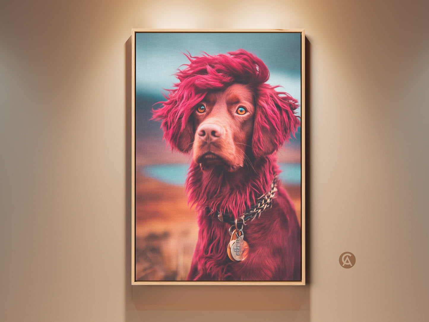 Framed eclectic dog art print. This stylized animal portrait features a brown dog with red hair. The dog is wearing a chunky chain necklace.  This artwork makes a great gift for dog owners. Add character to your home with this wall decor.