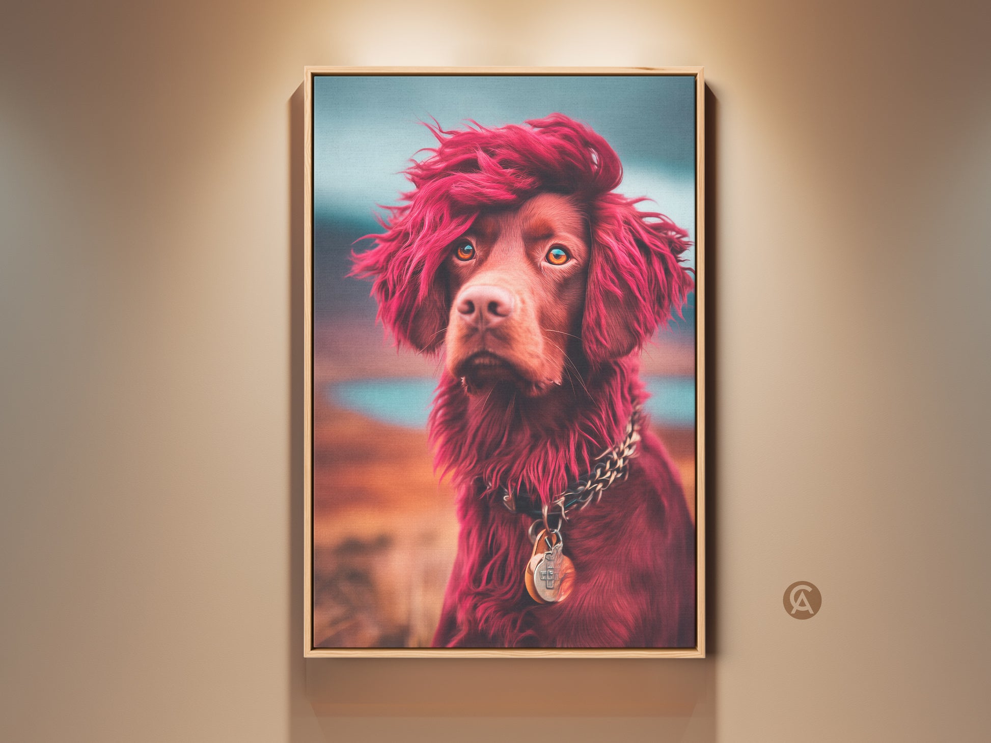 Framed eclectic dog art print. This stylized animal portrait features a brown dog with red hair. The dog is wearing a chunky chain necklace.  This artwork makes a great gift for dog owners. Add character to your home with this wall decor.