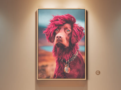 Framed eclectic dog art print. This stylized animal portrait features a brown dog with red hair. The dog is wearing a chunky chain necklace.  This artwork makes a great gift for dog owners. Add character to your home with this wall decor.