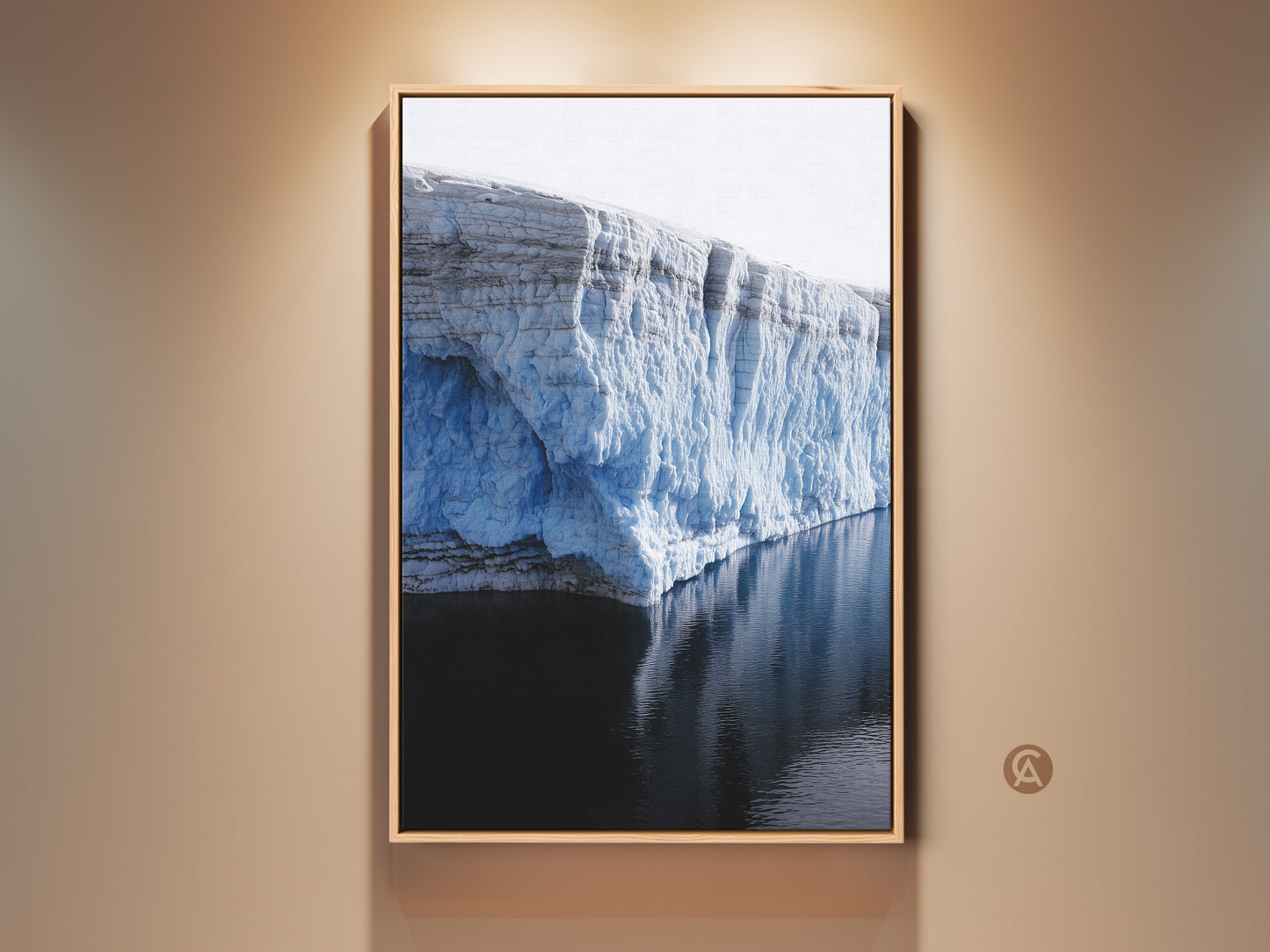 Framed Minimalist Glacier wall art reflecting in water. The ice blue arctic landscape is printed on canvas. Modern home decor for travel lovers. A perfect housewarming gift.