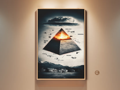 This captivating framed canvas showcases a surreal pyramid & aircraft. The deep blue and orange artwork adds a conceptual touch to any room. Ideal office wall decor. This piece is a unique gift for conspiracy theorists It is a thought-provoking addition to eclectic home styles. Perfect for those who appreciate art symbolism history & conspiracy themes.