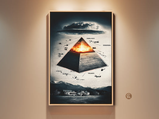 This captivating framed canvas showcases a surreal pyramid & aircraft. The deep blue and orange artwork adds a conceptual touch to any room. Ideal office wall decor. This piece is a unique gift for conspiracy theorists It is a thought-provoking addition to eclectic home styles. Perfect for those who appreciate art symbolism history & conspiracy themes.