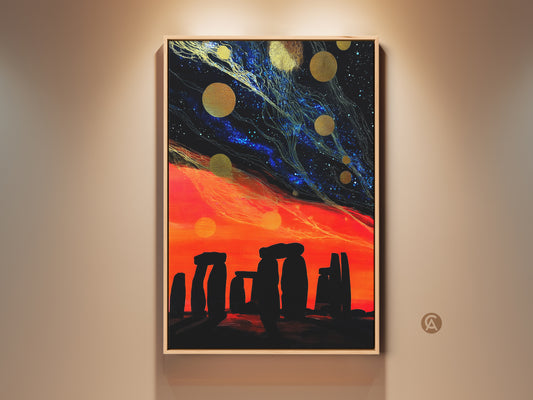 Abstract Stonehenge Canvas Artwork. A cosmic night sky print features a fantasy landscape painting. Eclectic celestial decor for your home. Golden nebulae and a red orange sky create a mystical space painting. It's perfect eclectic home wall decor for stargazers.