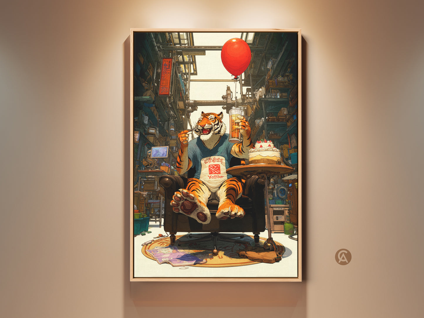 A framed canvas print shows a whimsical tiger enjoying beer and cake with a red balloon. The urban-inspired backdrop and vibrant digital art style add a playful touch. It is perfect as eclectic home decor or a unique birthday gift for tiger lovers.
