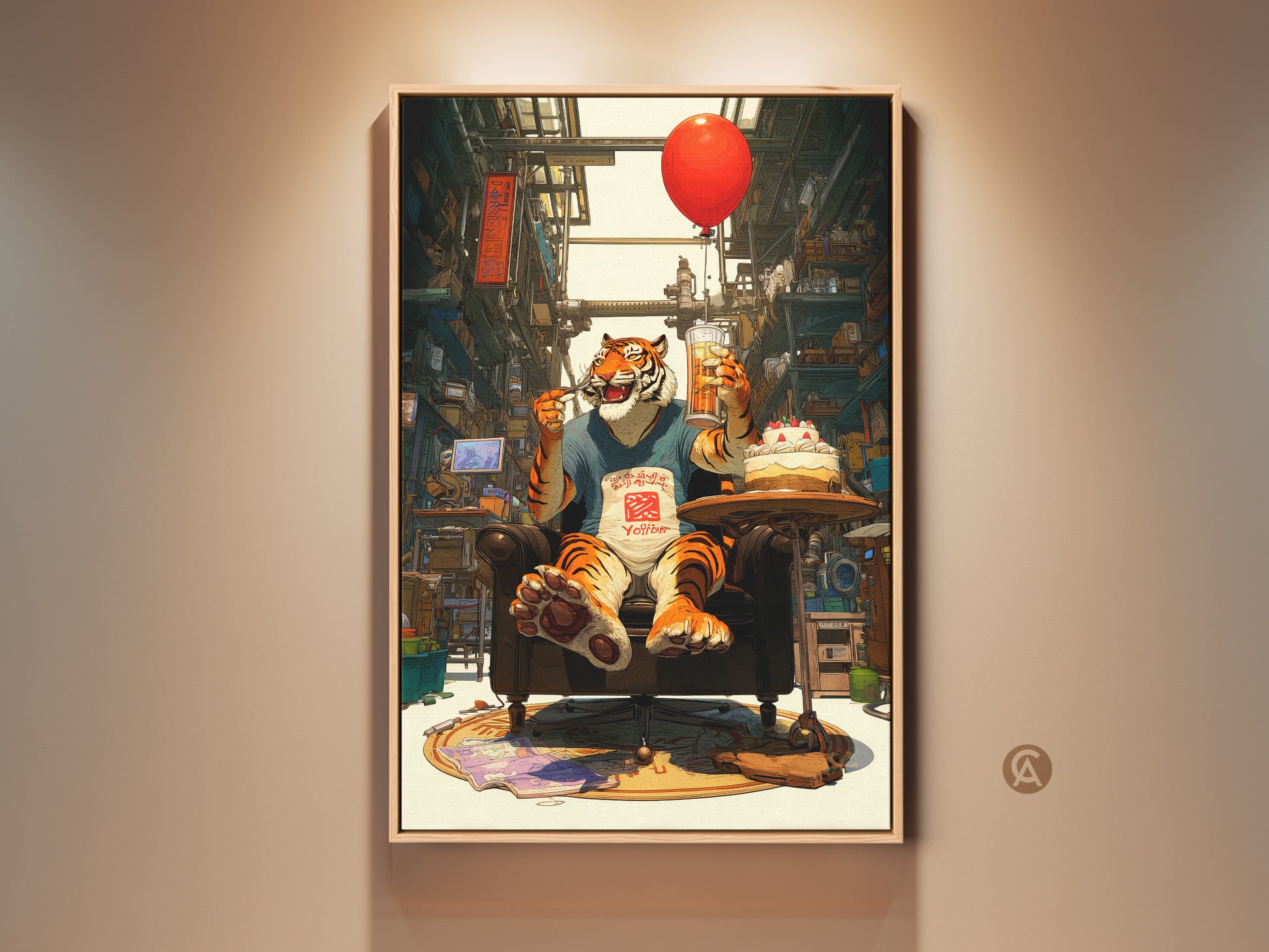 A framed canvas print shows a whimsical tiger enjoying beer and cake with a red balloon. The urban-inspired backdrop and vibrant digital art style add a playful touch. It is perfect as eclectic home decor or a unique birthday gift for tiger lovers.