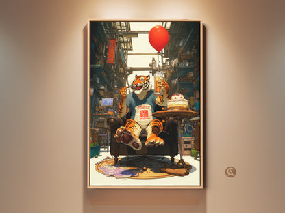 A framed canvas print shows a whimsical tiger enjoying beer and cake with a red balloon. The urban-inspired backdrop and vibrant digital art style add a playful touch. It is perfect as eclectic home decor or a unique birthday gift for tiger lovers.
