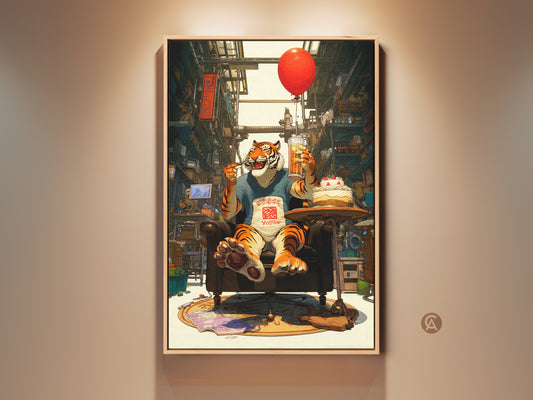 A framed canvas print shows a whimsical tiger enjoying beer and cake with a red balloon. The urban-inspired backdrop and vibrant digital art style add a playful touch. It is perfect as eclectic home decor or a unique birthday gift for tiger lovers.