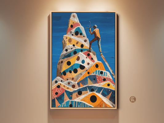 A striking surreal mountain climb canvas art in a wooden frame. The abstract geometric peak artwork features an adventurer figure. Cobalt blue yellow and orange artwork for eclectic home decor.