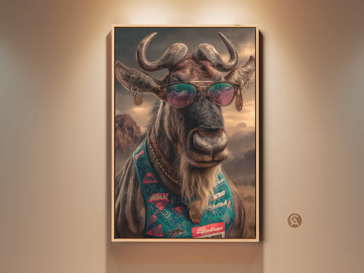 Sunglasses Wildebeest wall artwork. It is a retro pop art wildlife print. This eclectic animal portrait is on canvas. It is perfect brown gold and teal home decor. A perfect gift for animal lovers.