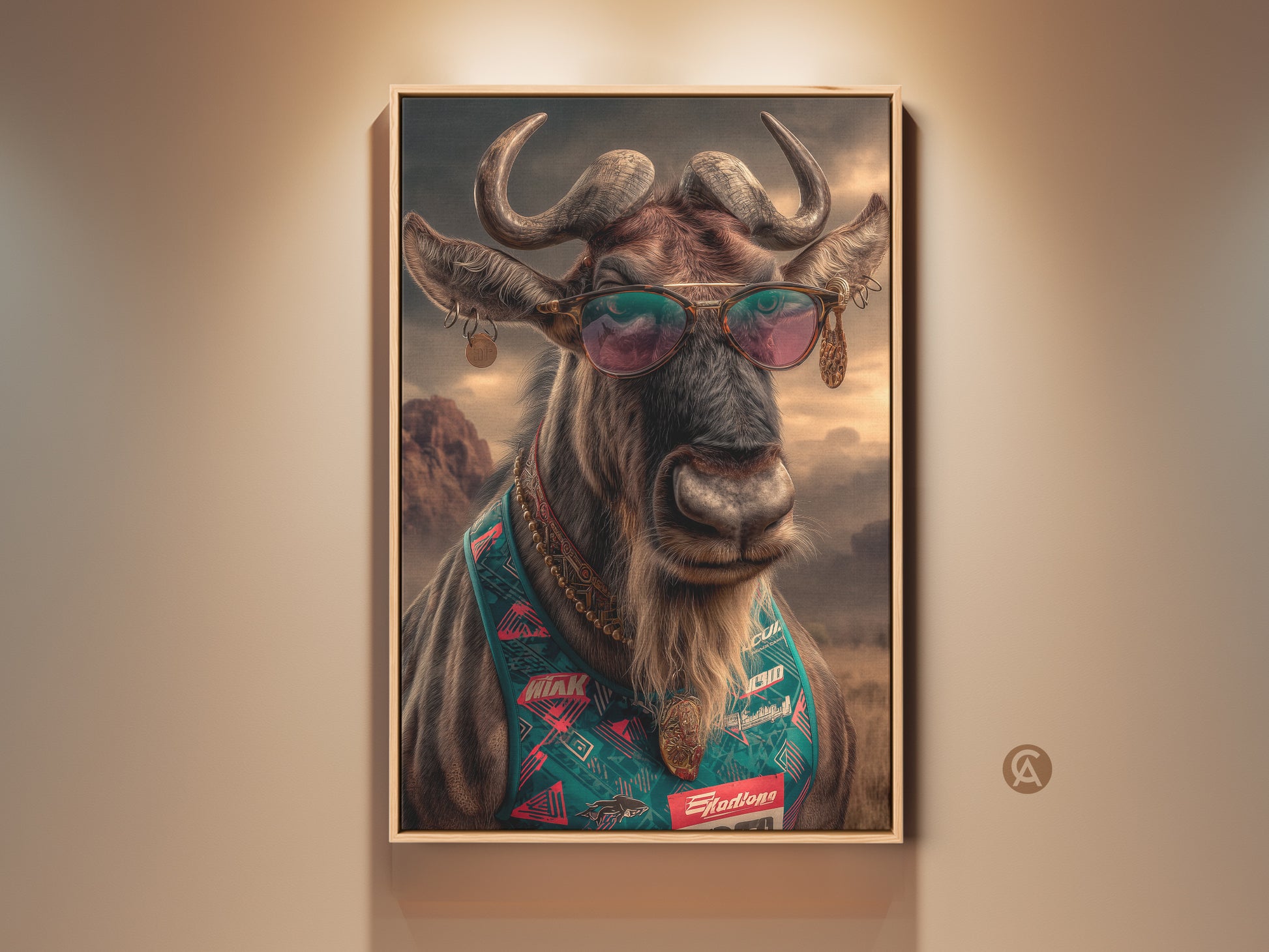 Sunglasses Wildebeest wall artwork. It is a retro pop art wildlife print. This eclectic animal portrait is on canvas. It is perfect brown gold and teal home decor. A perfect gift for animal lovers.