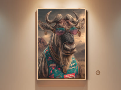 Sunglasses Wildebeest wall artwork. It is a retro pop art wildlife print. This eclectic animal portrait is on canvas. It is perfect brown gold and teal home decor. A perfect gift for animal lovers.