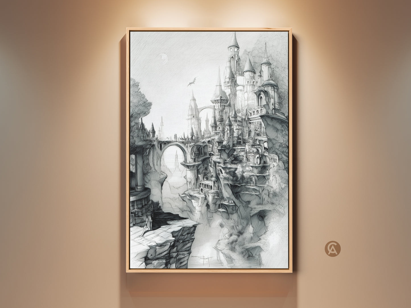Framed castle art print. This captivating artwork showcases a medieval castle perched on cliffs. The fantasy art piece has intricate line art and a floating frame. Available as a canvas or poster. Shop now for unique castle artwork.
