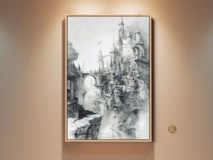 Framed castle art print. This captivating artwork showcases a medieval castle perched on cliffs. The fantasy art piece has intricate line art and a floating frame. Available as a canvas or poster. Shop now for unique castle artwork.