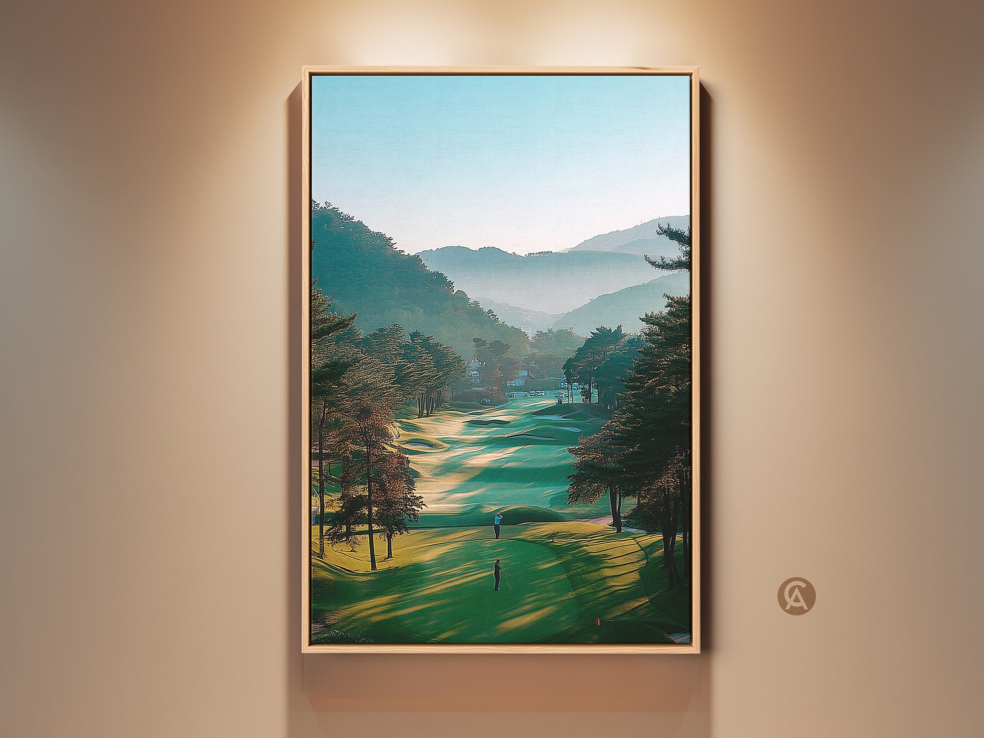 Experience the beauty of golf course artwork. This framed print captures a serene fairway scene. The lush green contrasts with the misty mountains in the background. It is a perfect piece for golf lovers and art collectors.