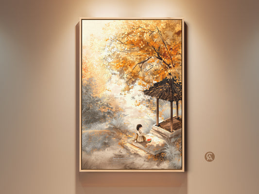 Framed canvas art displays a serene scene. A young girl sits near a pagoda enjoying watermelon. Golden light filters through the autumn leaves. This relaxing artwork adds warmth to any room.