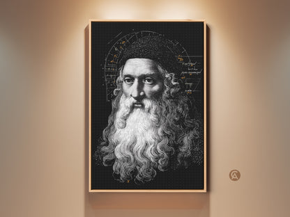 Vintage Da Vinci engraving art is displayed in a traditional frame. The Renaissance portrait features scientific diagrams. This wall art enhances a study or office space. The black and white artwork adds intellectual curiosity. A perfect gift for history and art enthusiasts.