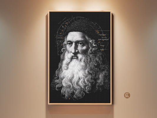 Vintage Da Vinci engraving art is displayed in a traditional frame. The Renaissance portrait features scientific diagrams. This wall art enhances a study or office space. The black and white artwork adds intellectual curiosity. A perfect gift for history and art enthusiasts.