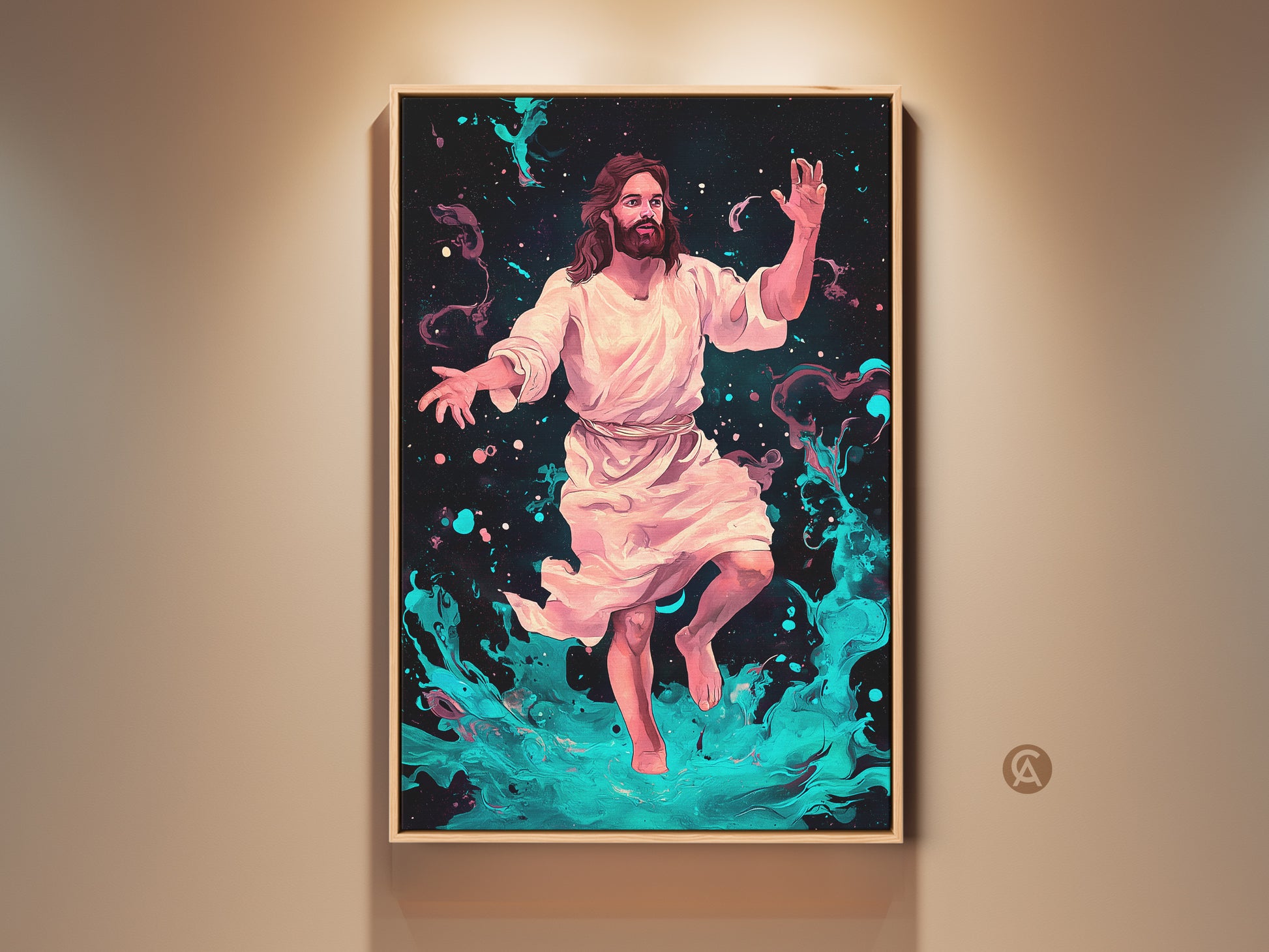 Spiritual Abstract Jesus Christ artwork on display. This canvas print features a captivating abstract depiction of Jesus Christ. The cosmic background is rendered in striking pink and teal. This is religious art for modern bedroom decor.
