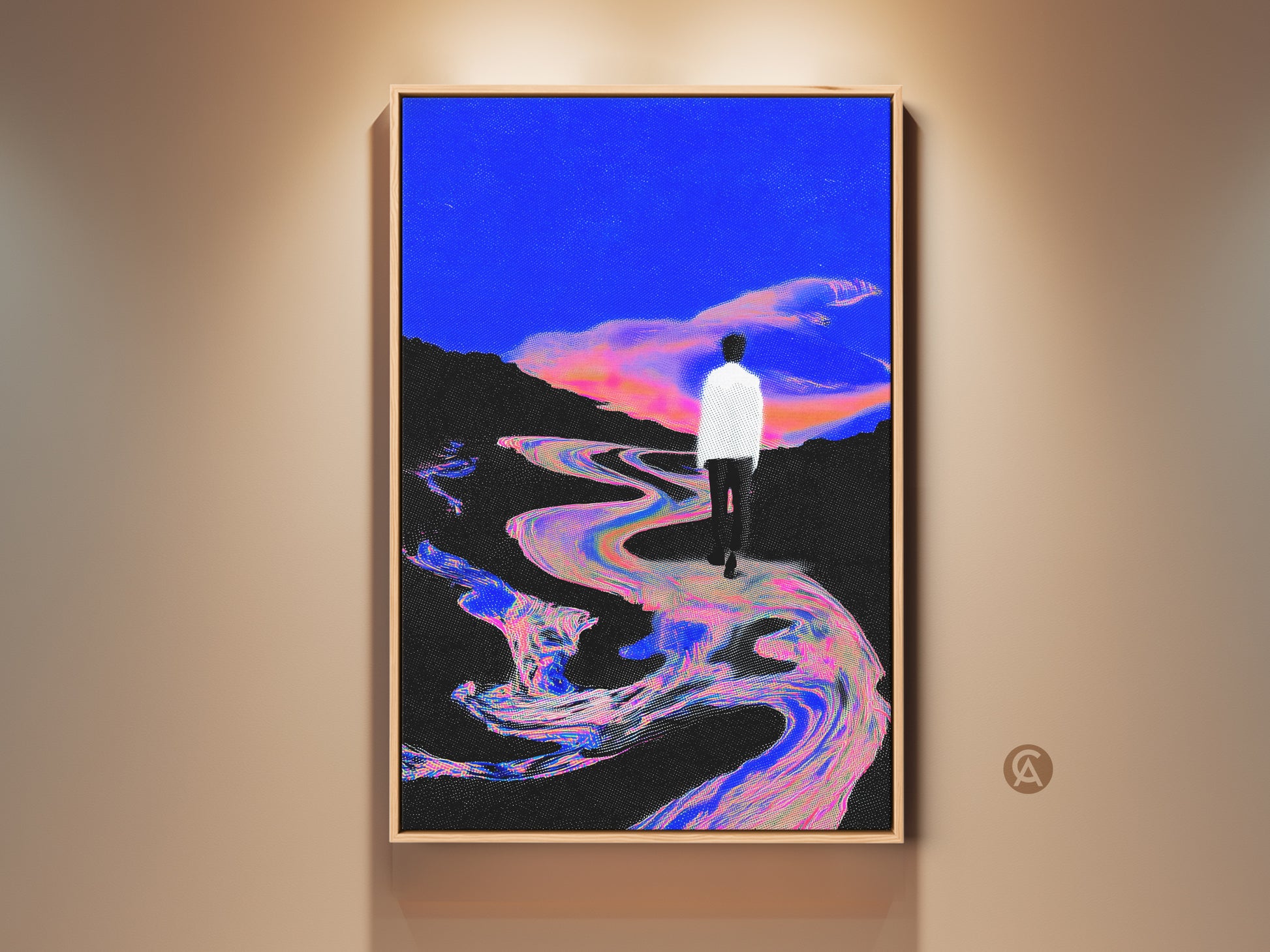 Surreal Glitch Art Canvas Print in a wooden frame. The electric blue river landscape features a man walking. This contemporary abstract wall art is a unique home decor gift. The surrealism adds a modern aesthetic touch.