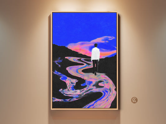 Surreal Glitch Art Canvas Print in a wooden frame. The electric blue river landscape features a man walking. This contemporary abstract wall art is a unique home decor gift. The surrealism adds a modern aesthetic touch.