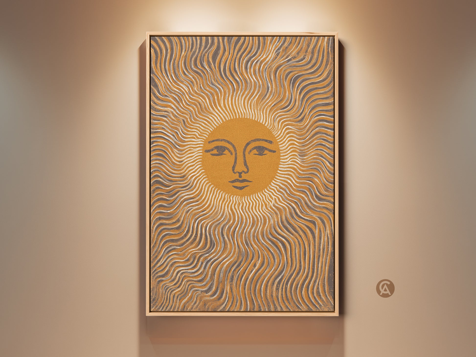 Framed Abstract Sun Face art print with wavy lines. The Mustard Yellow and Gray tones embody a Boho Minimalist style. This celestial artwork adds warmth to any room. A perfect housewarming gift. It brings modern abstract art to any living space.