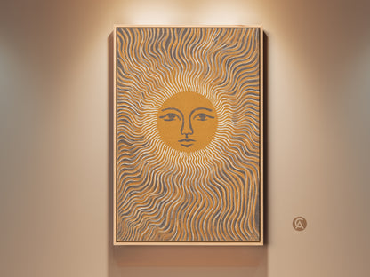 Framed Abstract Sun Face art print with wavy lines. The Mustard Yellow and Gray tones embody a Boho Minimalist style. This celestial artwork adds warmth to any room. A perfect housewarming gift. It brings modern abstract art to any living space.